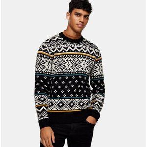 Topman Men’s Fair Isle Sweater Black & White Large